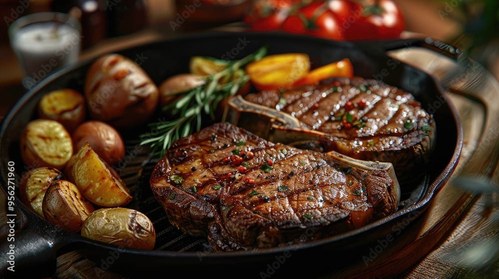 Grilled beef steaks in pan baked potatoes and vegetables Grilled beef steaks in pan baked potatoes and vegetables