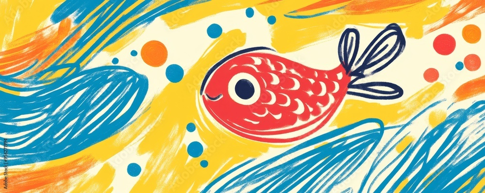 Playful Fish Doodle in Vibrant Waters - Childlike Scribbles with Cheerful Colors and Wavy Lines for Joyful Design Concepts Playful Fish Doodle in Vibrant Waters - Childlike Scribbles with Cheerful Colors and Wavy Lines for Joyful Design Concepts