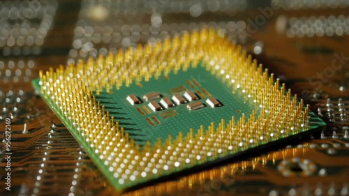 Vintage computer microprocessor lies on the motherboard close-up
