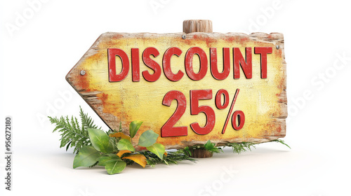 25 Percent Discount Sign on Rustic Wooden Board with Greenery photo