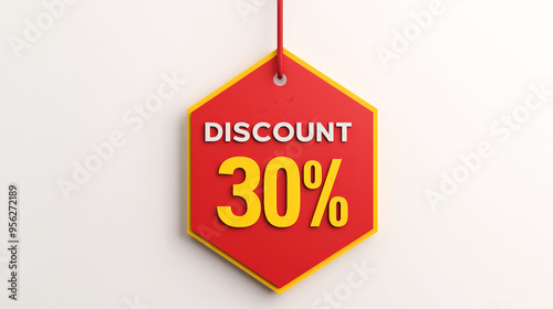 30 Percent Discount Tag in Red and Yellow Hexagon Design Hanging by String photo