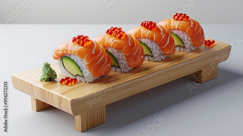 Freshness sushi with salmon and avocado decorated with red caviar on a wooden stand photo