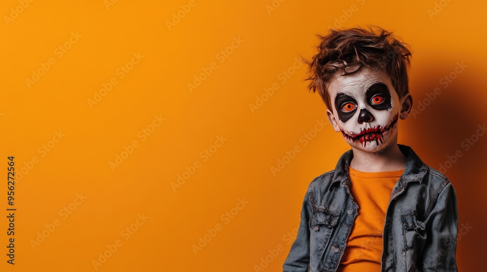 Cute Boy Dressed as a Zombie for Halloween on an Orange Banner with Space for Copy, Festive 3D Illustration. AI generated illustration. Cute Boy Dressed as a Zombie for Halloween on an Orange Banner with Space for Copy, Festive 3D Illustration. AI generated illustration.