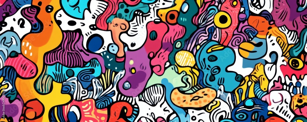 Fototapeta premium Whimsical Doodle of Cat and Mouse - Fun and Colorful Childlike Illustration with Exaggerated Expressions