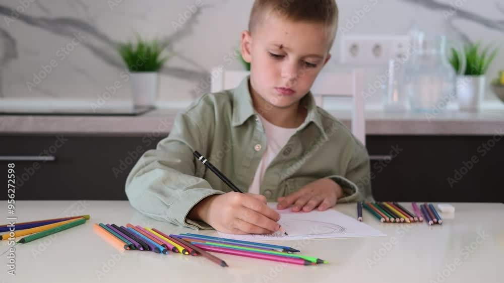 Boy draws with colored pencils. Learning and education concept. Children's activity at home. Boy draws with colored pencils. Learning and education concept. Children's activity at home.