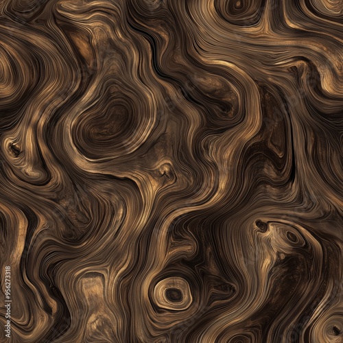 Seamless Dark Brown Wood Grain Pattern with Detailed Swirling Bark Texture