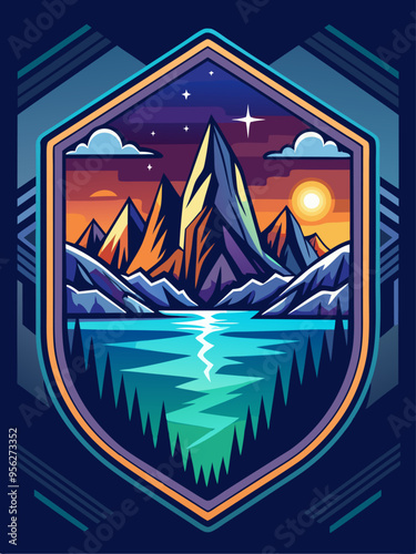 Mountainous Landscape with a Lake at Sunset and Night Stars