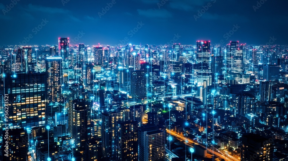 Smart city digital transformation, where twinkling city lights illuminate a modern metropolis at night. Enhanced connectivity and innovation through 5G and fiber optics empower urban environments. Smart city digital transformation, where twinkling city lights illuminate a modern metropolis at night. Enhanced connectivity and innovation through 5G and fiber optics empower urban environments.