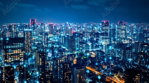 Smart city digital transformation, where twinkling city lights illuminate a modern metropolis at night. Enhanced connectivity and innovation through 5G and fiber optics empower urban environments. 