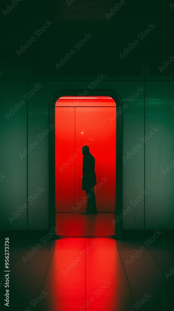 Fototapeta premium Solitude in Red: A Photographic Study of Urban Isolation