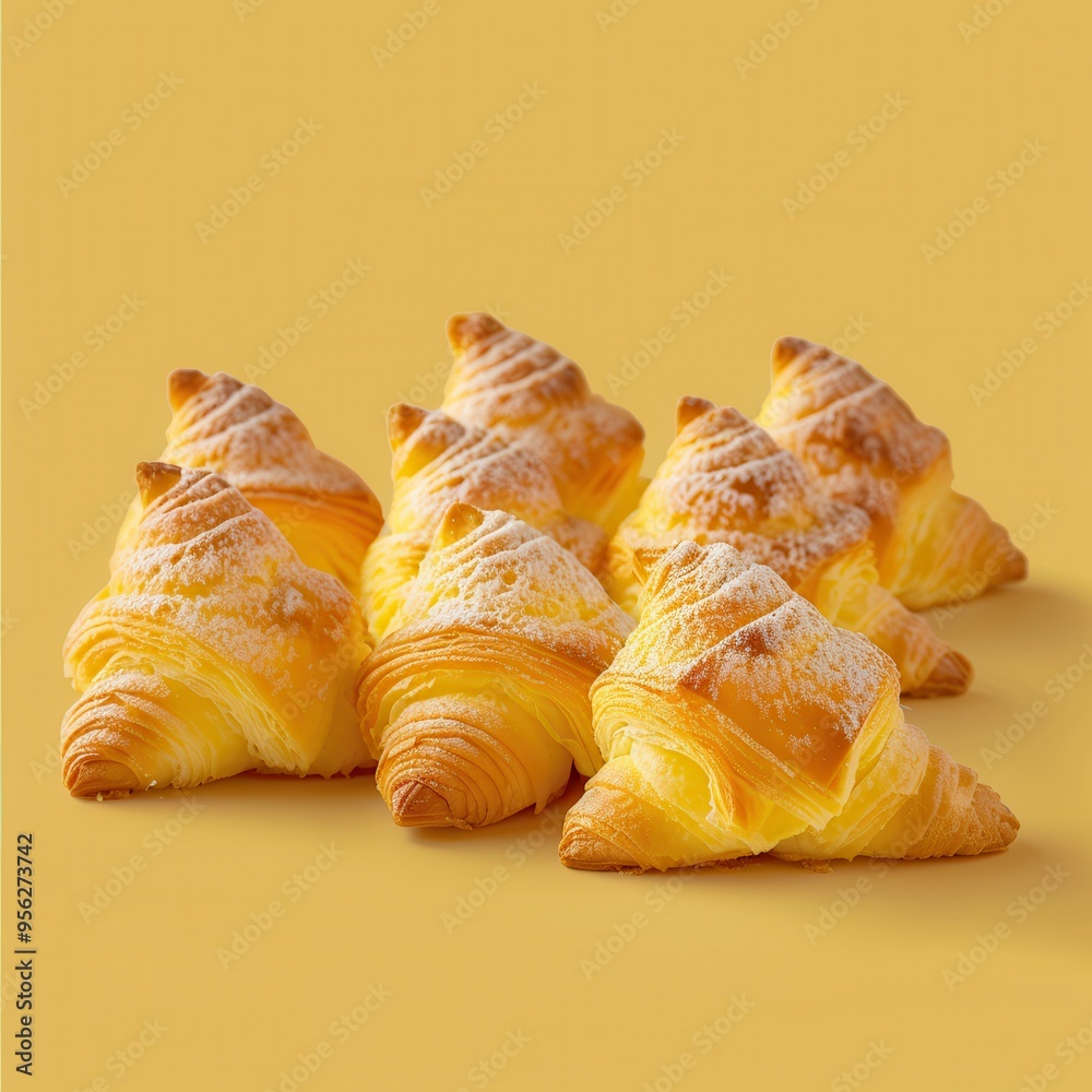 Six Golden Croissants with Powdered Sugar on Yellow Background Six Golden Croissants with Powdered Sugar on Yellow Background