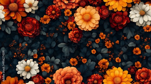 A seamless pattern featuring clusters of chrysanthemums, marigolds, and asters, with their vibrant autumn colors of deep reds, oranges, and yellows, arranged against a dark, textured background,