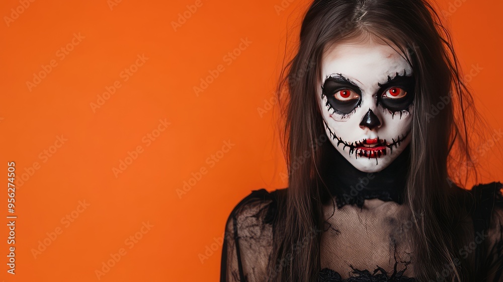 Cute Girl Dressed as a Zombie for Halloween on an Orange Banner with Space for Copy, Festive 3D Illustration. AI generated illustration. Cute Girl Dressed as a Zombie for Halloween on an Orange Banner with Space for Copy, Festive 3D Illustration. AI generated illustration.