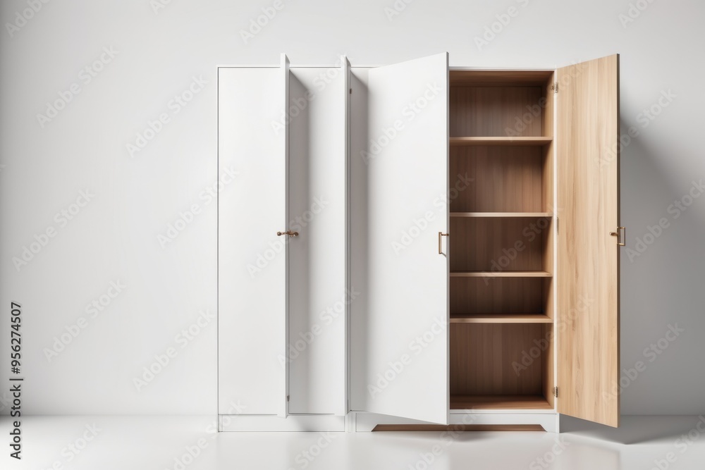 A white wooden wardrobe with drawers and shelves A white wooden wardrobe with drawers and shelves