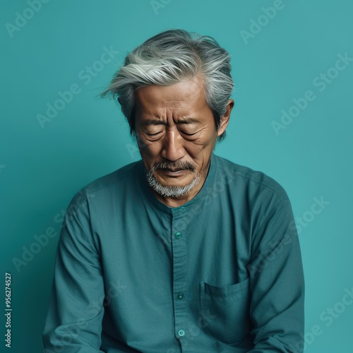 Cyan background sad Asian man. Portrait of older mid-aged person beautiful bad mood expression boy Isolated on Background depression anxiety fear burn out