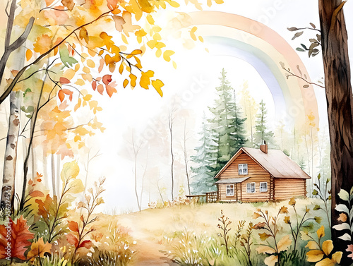 Watercolor of a Thanksgiving cabin in the woods a rainbow over the lodge photo