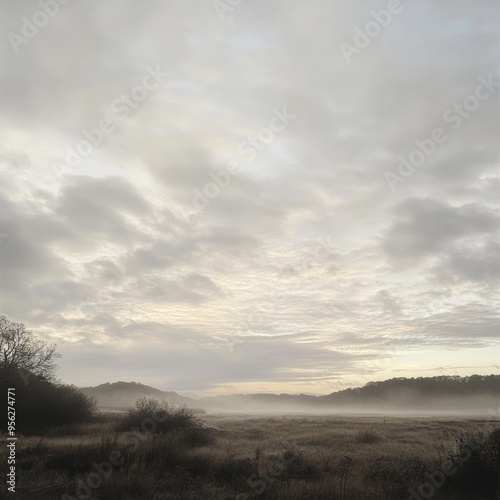 A misty field with a cloudy sky and a few trees in the foreground.