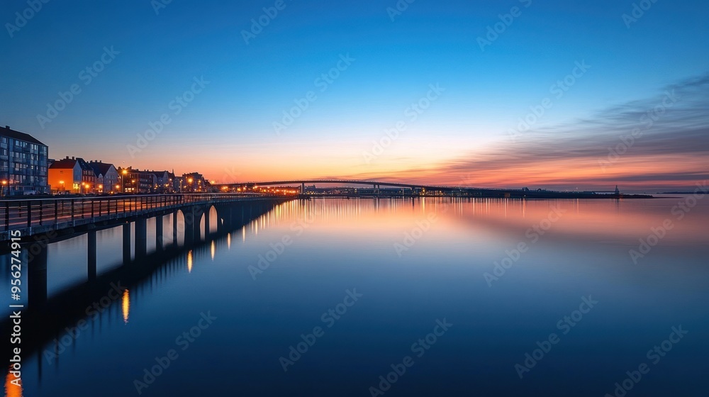 Serene Sunset over a Bridge and Waterway Serene Sunset over a Bridge and Waterway