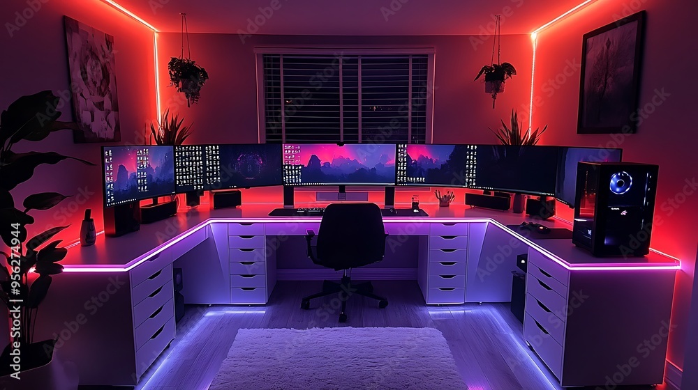 A high-tech RGB gaming room, featuring a sleek, minimalist setup with a glowing glass desk, multiple monitors, and customizable RGB lighting that fills the room with a spectrum of vibrant colors, A high-tech RGB gaming room, featuring a sleek, minimalist setup with a glowing glass desk, multiple monitors, and customizable RGB lighting that fills the room with a spectrum of vibrant colors,