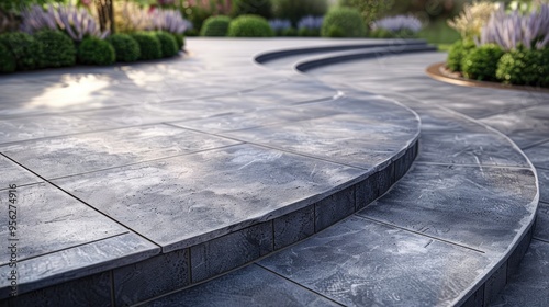 Garden paving under construction with grey porcelain patio tiles and curved charcoal edge bricks photo