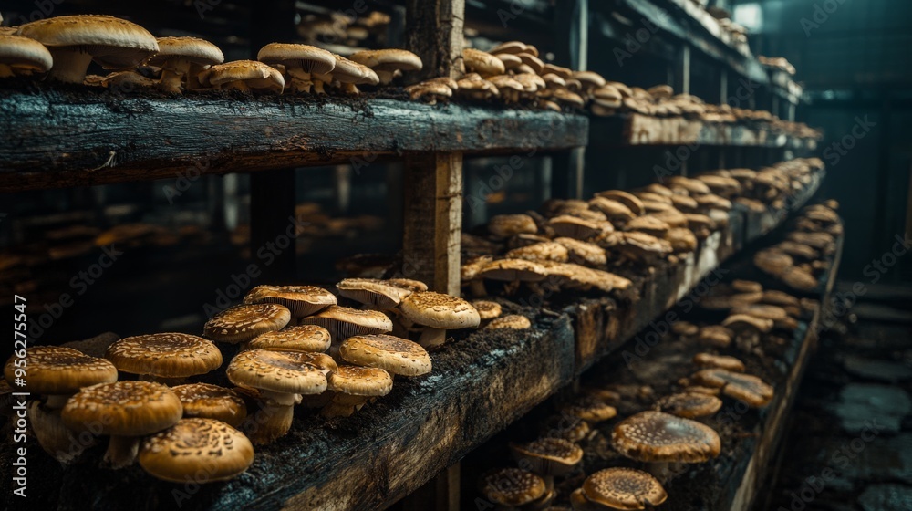 Rows of cultivated mushrooms growing on wooden shelves in a dark, humid environment, ideal for mushroom farming.