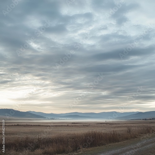 A misty morning landscape with a dirt road leading into the distance.