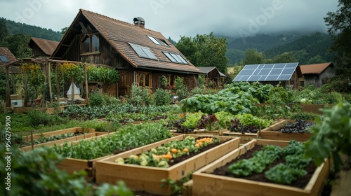 Wallpaper Mural Rustic farmhouse with solar panels and thriving vegetable garden beds in a lush countryside setting under cloudy skies. Torontodigital.ca