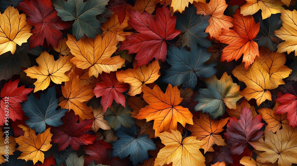 A seamless pattern featuring maple leaves in various stages of their autumn transition, with a mix of green, yellow, orange, and red leaves softly falling and swirling, A seamless pattern featuring maple leaves in various stages of their autumn transition, with a mix of green, yellow, orange, and red leaves softly falling and swirling,