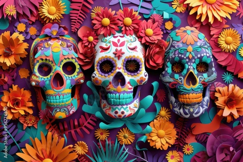 Colorful Dia de los Muertos paper craft skulls adorned with floral patterns and surrounded by vibrant paper flowers Day of the Dead. AI