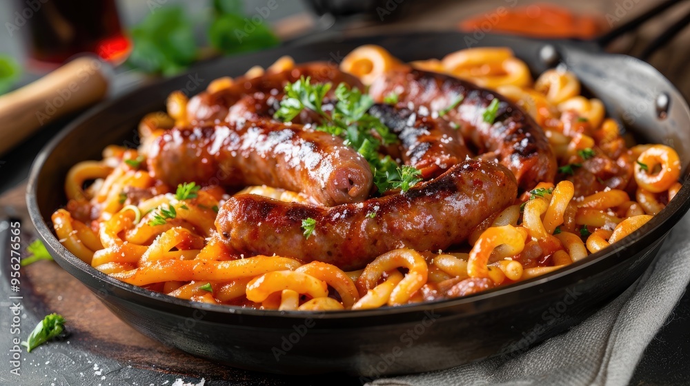 Whole sausage spicy rose pasta Pasta mixed with spicy rose sauce and topped with whole sausage Whole sausage spicy rose pasta Pasta mixed with spicy rose sauce and topped with whole sausage