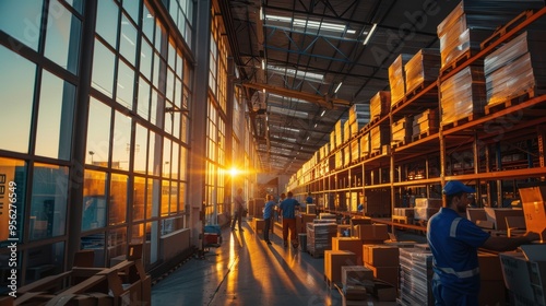 Workers Organizing Packages in Warehouse at Sunset 