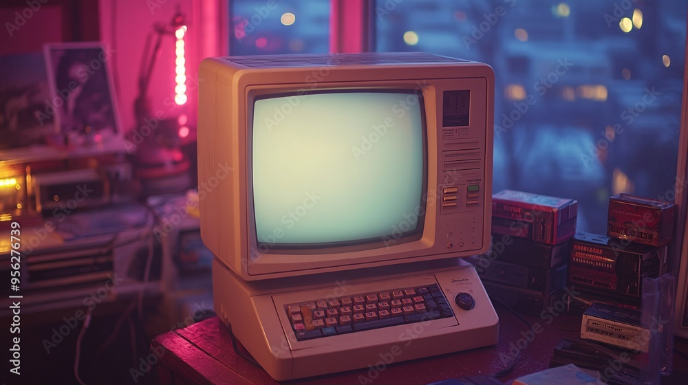 vintage retro object mock-up, 1980s computer monitor, blank screen ...