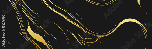 Stylish banner, cover design. Black texture background, gold texture. Geometric abstract marble pattern with spots, cracks, scratches, wavy lines. Grunge overlay layer.