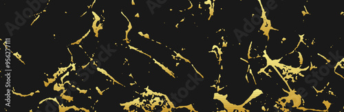 Stylish banner, cover design. Black texture background, gold texture. Geometric marble pattern with spots, cracks, scratches, abstract lines. Grunge overlay layer.