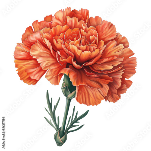 Beautiful vintage illustration of a Carnation flower with lush green leaves, perfect for botanical designs and nature themes, watercolor art,PNG transparent background