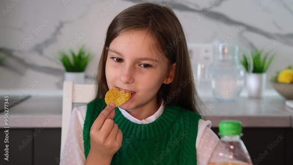 Girl eats potato chips and drinks soda while sitting at table. Concept of unhealthy eating and lifestyle, accumulation of excess weight. Childhood obesity concept. Girl eats potato chips and drinks soda while sitting at table. Concept of unhealthy eating and lifestyle, accumulation of excess weight. Childhood obesity concept.