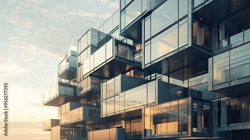 Architectural design of a modern modular multi story residential metal and glass building composed of rectangular autonomous modules connected with the illusion of the possibility of redevelopment photo