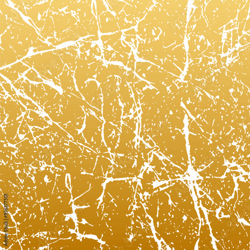 Gold metallic background, banner, cover design. Geometric abstract 3d pattern with spots, scratches, cracks. Grunge overlay layer, marble texture.