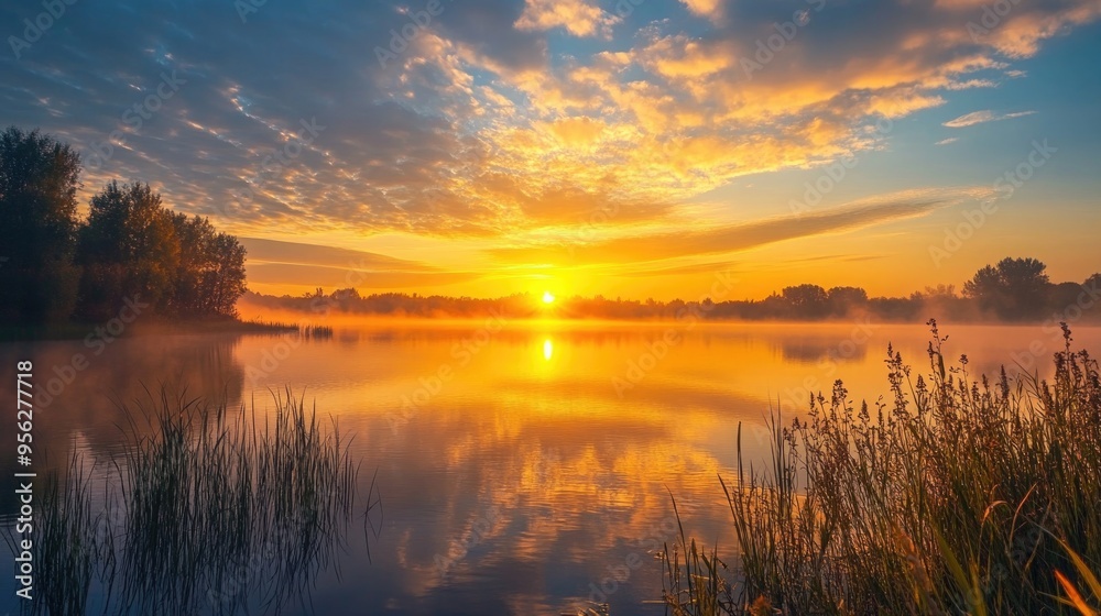 Panorama of beautiful sunrise over lake Panorama of beautiful sunrise over lake