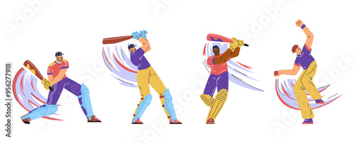 Batsman and bowler playing cricket vector set, cartoon championship sport game, cricket players in uniform with bat, ball