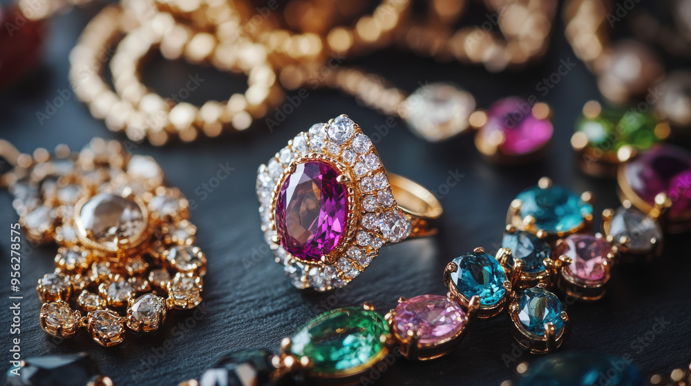 Elegant jewelry set with gemstones, including a ring, necklace, and earrings. A still life collage showcasing these accessories. Elegant jewelry set with gemstones, including a ring, necklace, and earrings. A still life collage showcasing these accessories.