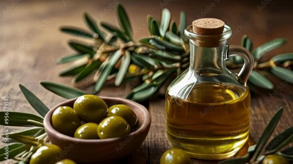 Bottle of Olive Oil in Front of an Olive Tree Branch and Green Olives