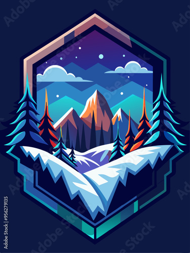 Snow-Covered Mountain Landscape with Pine Trees at Night