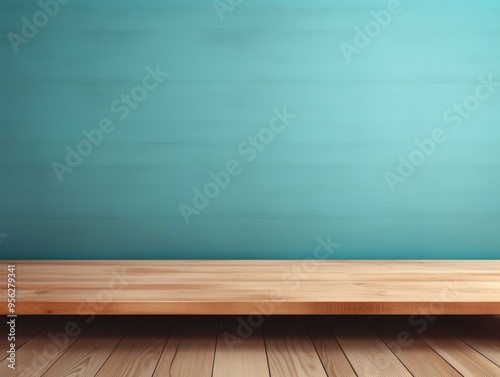 Cyan background with a wooden table, product display template. Cyan background with a wood floor. Cyan and white photo of an empty room 