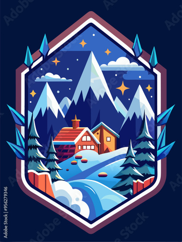 Mountain Lodge in a Snowy Night Landscape