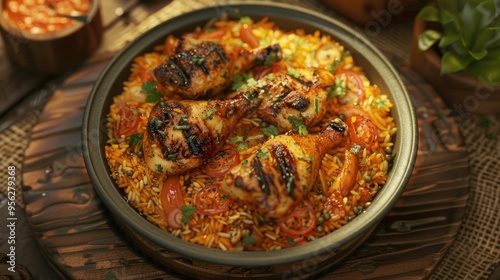 Kabsa rice dish with grilled chicken photo