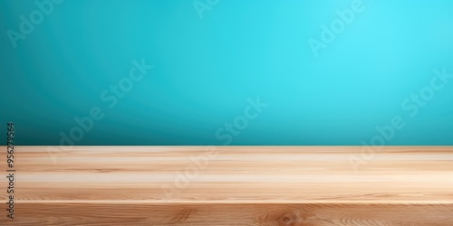 Cyan background with a wooden table, product display template. Cyan background with a wood floor. Cyan and white photo of an empty room 