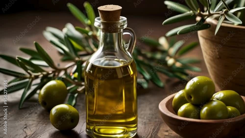 Bottle of Olive Oil in Front of an Olive Tree Branch and Green Olives Bottle of Olive Oil in Front of an Olive Tree Branch and Green Olives