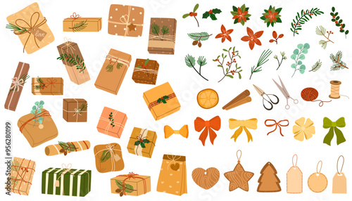 Sustainable Christmas. Zero waste, eco-friendly packaging gifts. Wrapping present boxes with kraft paper, pine branches, twine ribbon, wood toys, dry orange. Christmas box creator. Vector illustration
