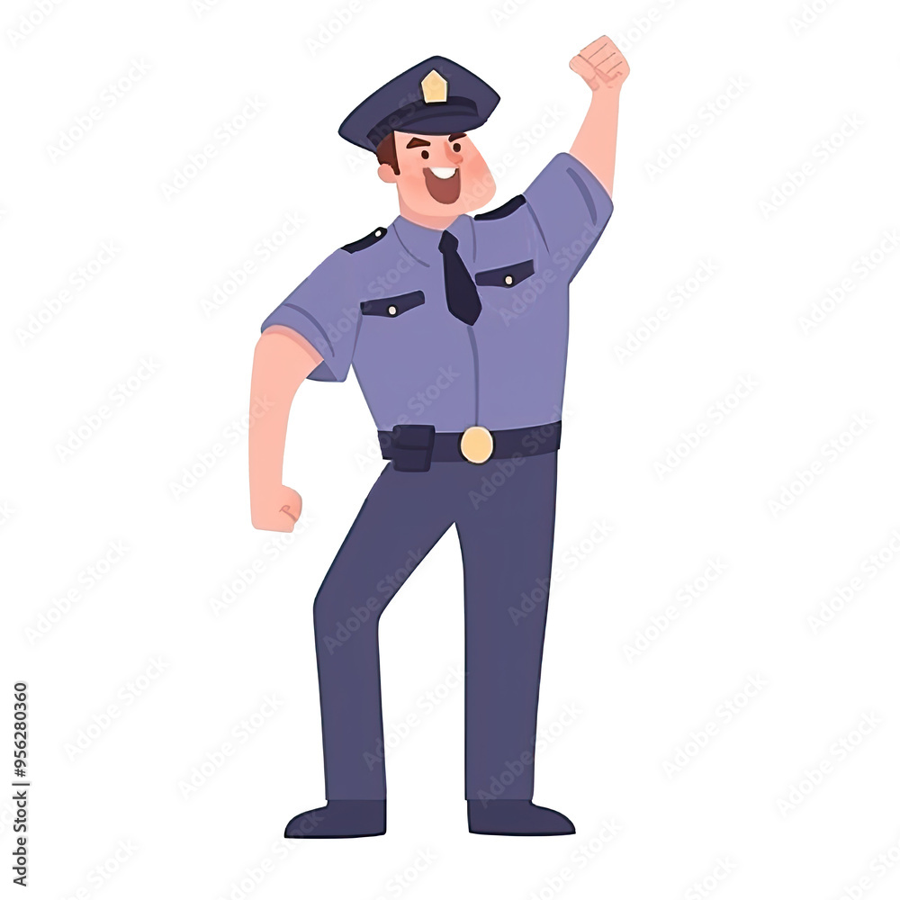 An illustration of a mustached security guard celebrating An illustration of a mustached security guard celebrating